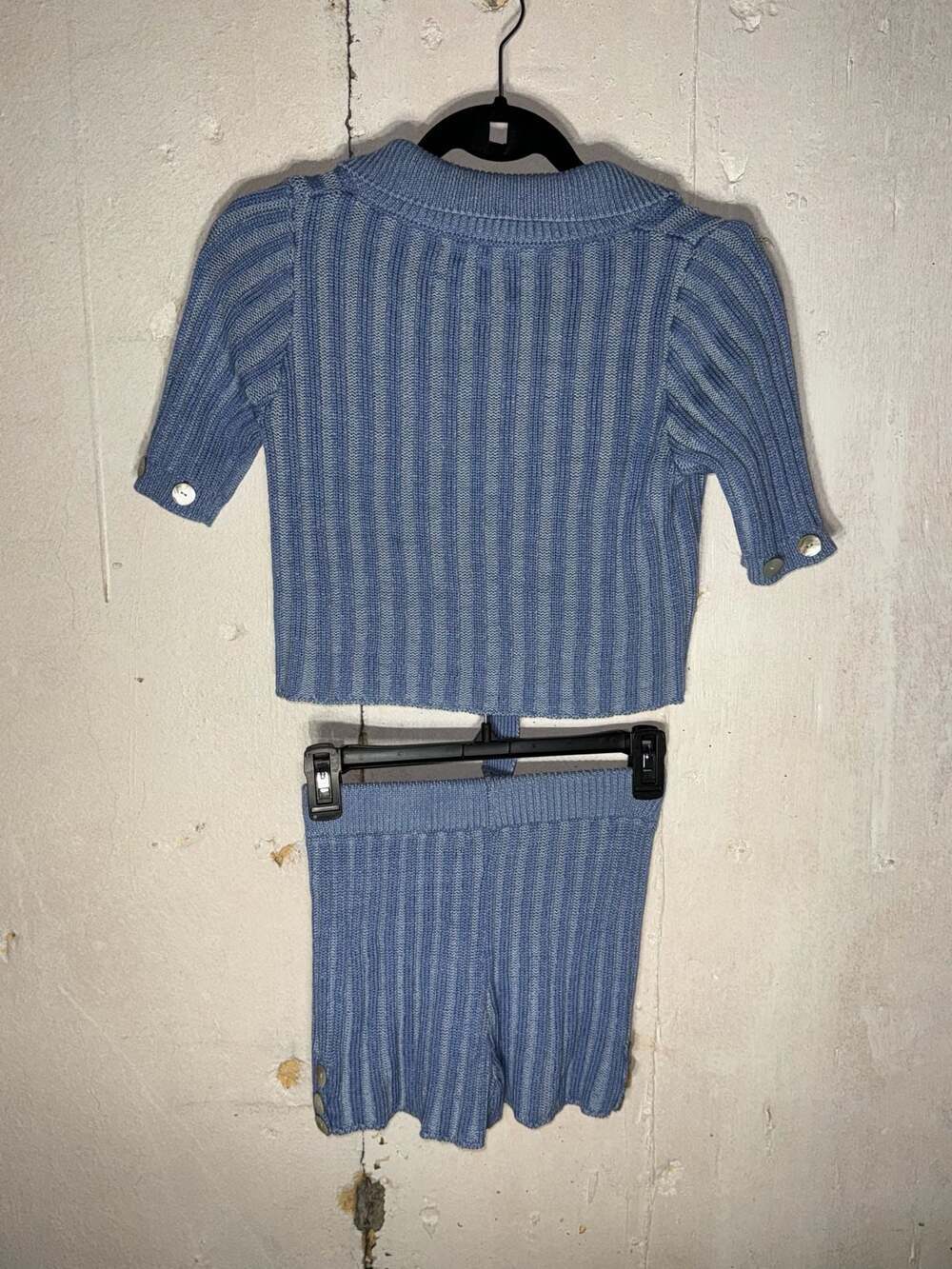 Athina Light Blue Ribbed Knit 2-Piece Short Set With Collared Cardigan - Picture 6 of 6